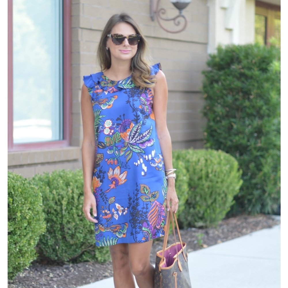 NWT J. Crew Silk Ruffle Tropical Floral Blue Dress size 5